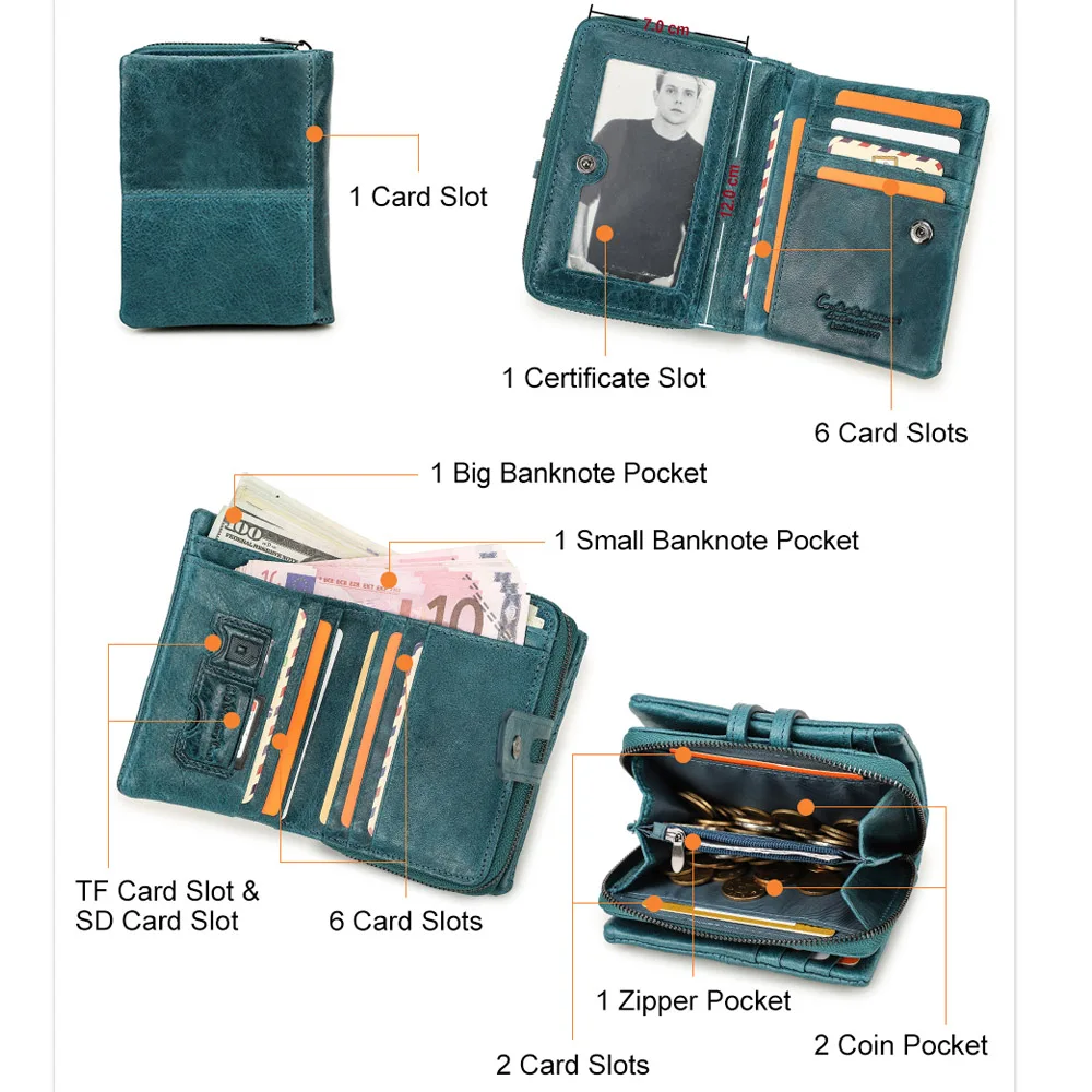 Dompet Berkualitas MAGIC TALE Dompet Pendek Kulit Asli Ritsleting Wanita Dompet Koin Wanita Dompet Kancing Pengait dengan Tempat Kartu Kredit