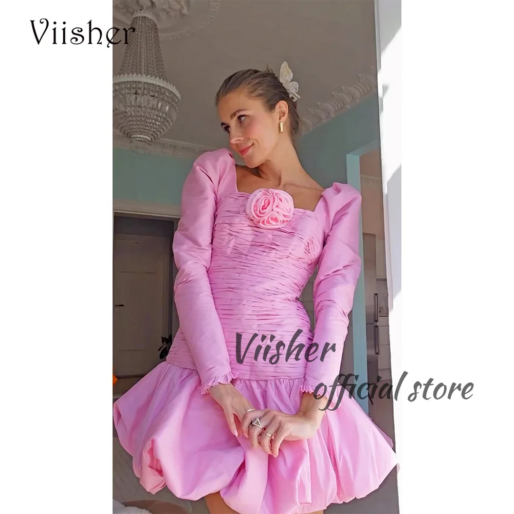 

Viisher Pink Short Prom Party Dresses Long Sleeve Pleats Satin Homecoming Dress for Teens Cocktail Evening Dress Above Knee