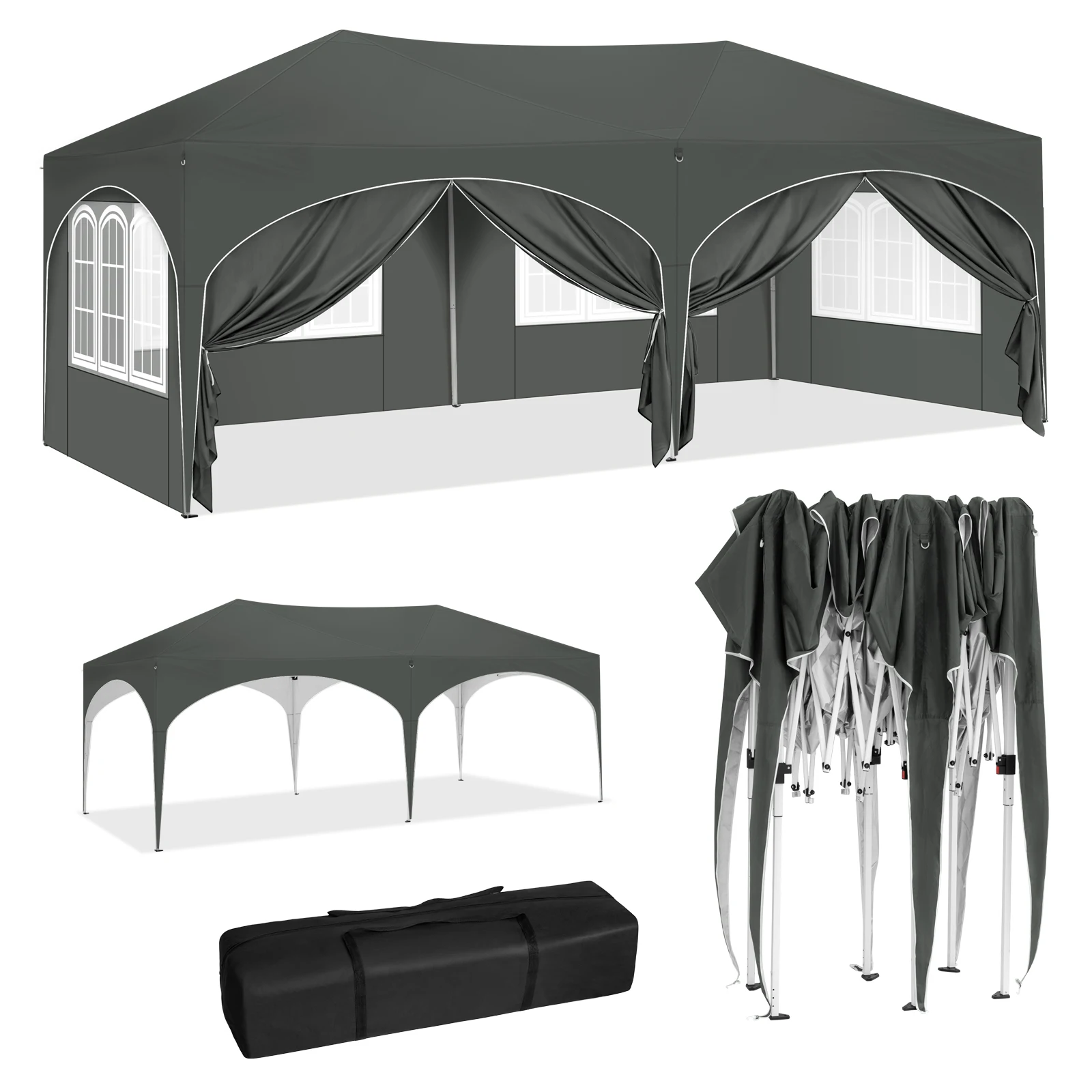 Folding Pavilion Gazebo 3x6m Garden Canopy with 6 Sidewalls Adjustable Height Waterproof UV Protection Party Tent with Carry Bag