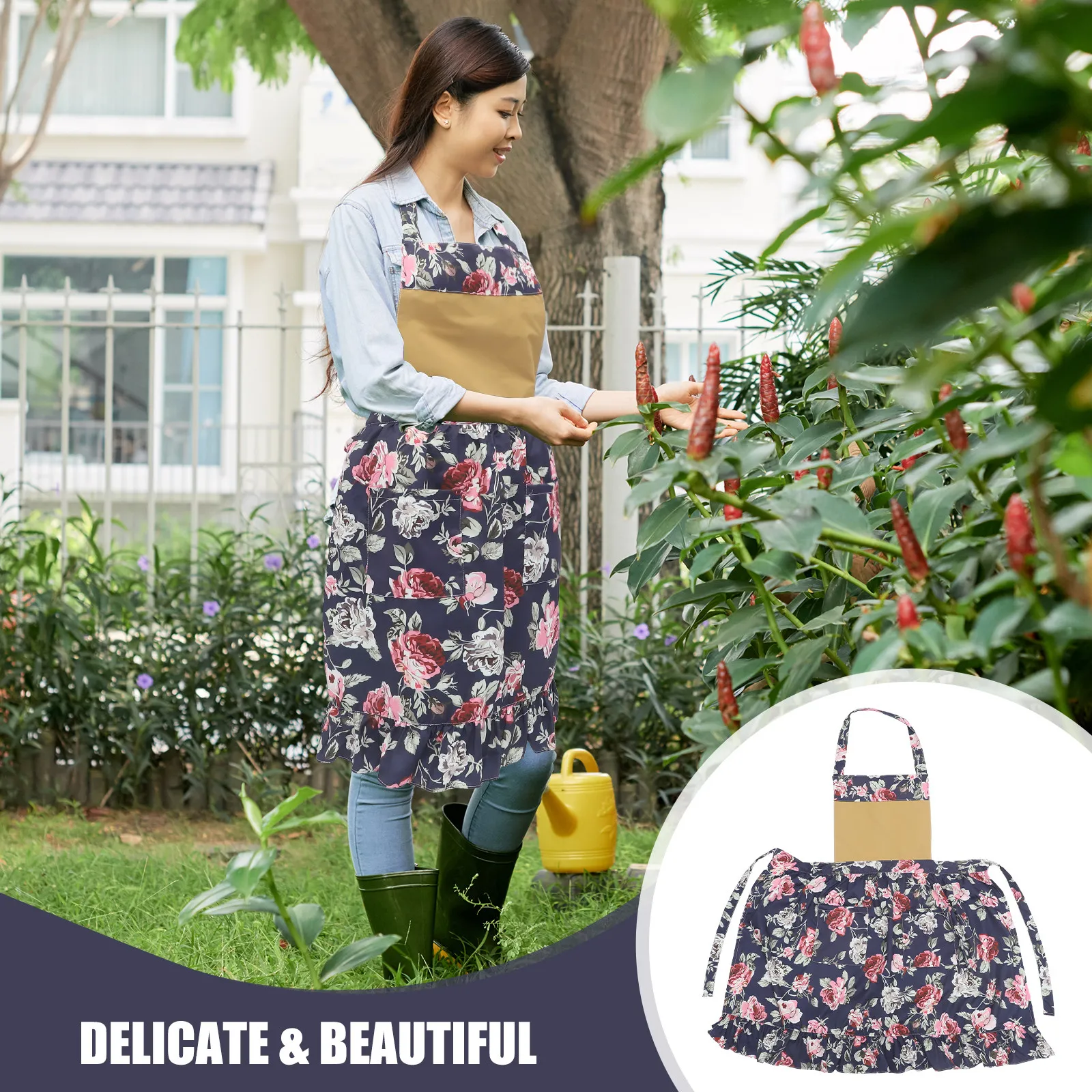 

Garden Apron for Women Retro Aprons Flower Multi-pocket Gardening Work with Pockets