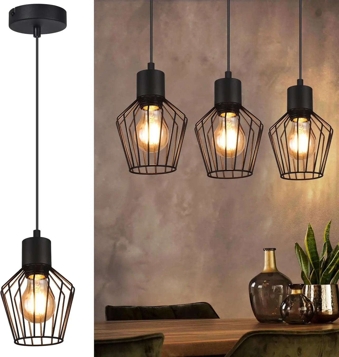 Lampada a sospensione per tavolo da pranzo, lampada a sospensione retrò – lampada a sospensione E27 nera a testa singola, paralume in metallo,
