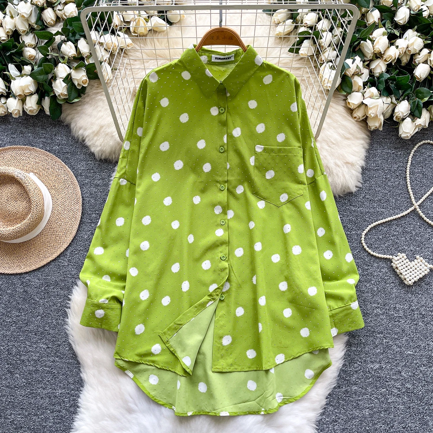 

Hotsweet винтажный элегантный топ в горошек с длинными рукавами, корейская уличная одежда, осенние футболки High Street