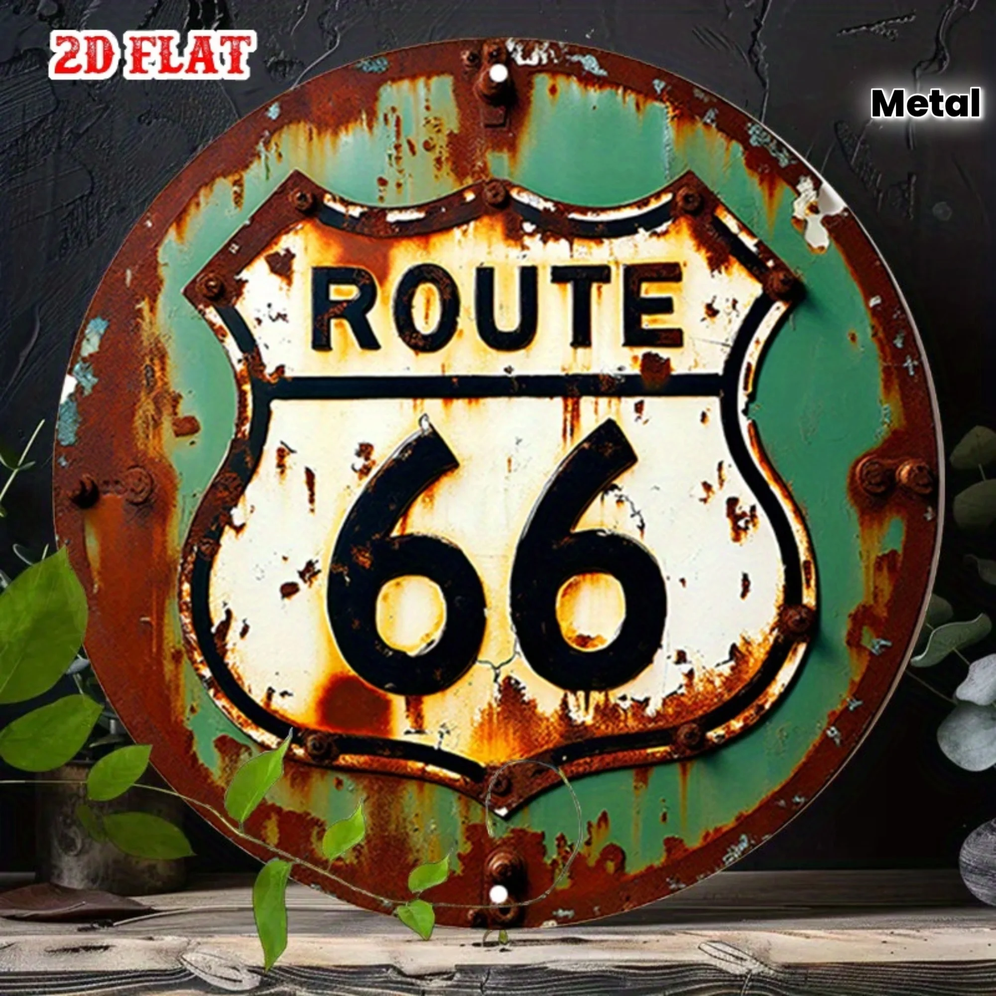 2D Vintage Metallschild, Retro Route 66 Rundes Aluminium-Wandkunstwerk, Farmhouse Grün Weiß, 7,87x7,87 Zoll, für Zuhause Garage Café Reise
