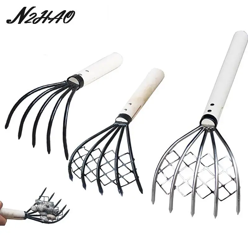 5 Claw Wood Handle Rake Shell Digging Tool Clam Rake With Net Wood Handle Pitchfork Dig Seafood Accessories Weeding Farming Tool