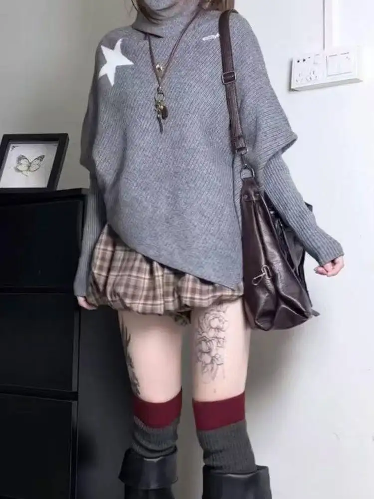 

Harajuku Knitted Sweater Women Turtleneck Autumn Winter Loose Irregular Long Sleeve Pullover Vintage Fashion Ladies Jumper