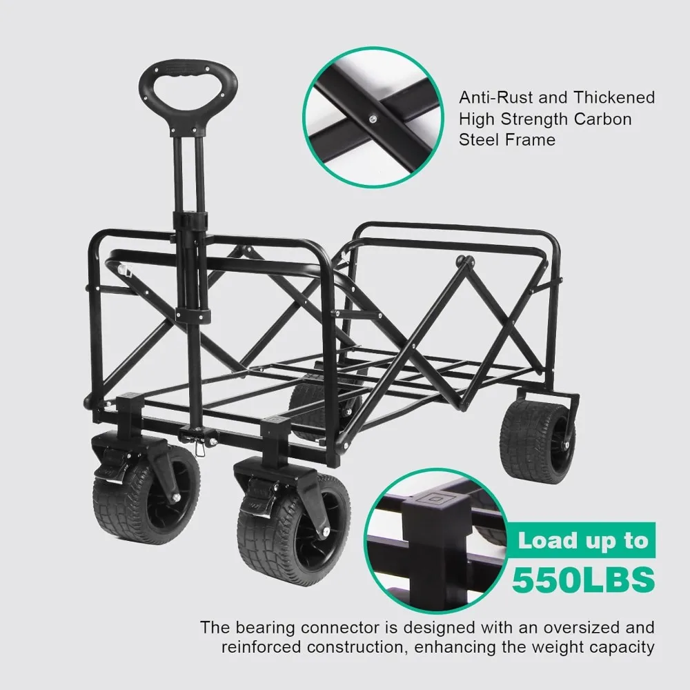 Heavy-Duty Folding Wagon com rodas grandes, vagão dobrável, interior espaçoso, 550lbs Peso Capacidade