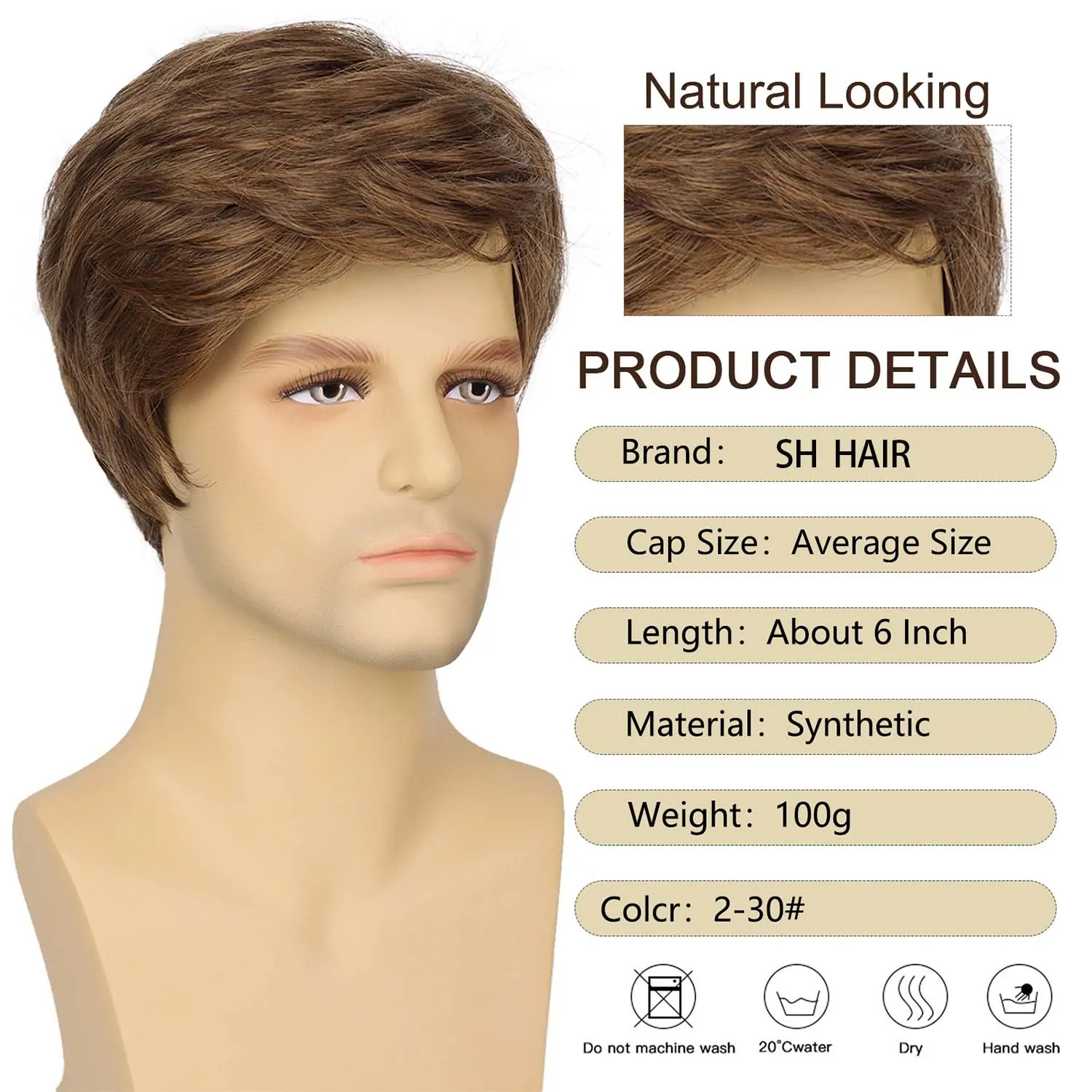 Mens Short Brown Wigs Layered Natural Synthetic Wig Heat Resistant Halloween Costume Cosplay Wigs for Men