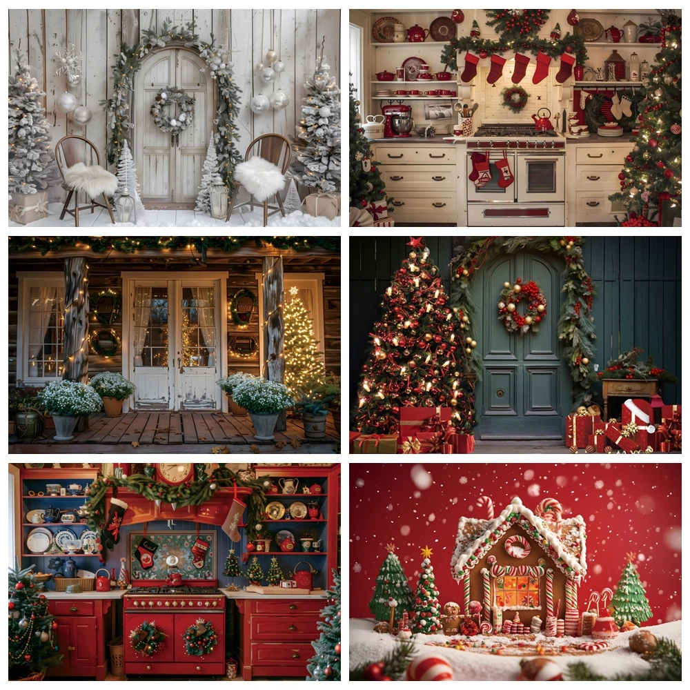 

Christmas Kitchen Photography Background Garland Cabinet Xmas Tree Party Decoration Supplies Family Portrait Studio Props