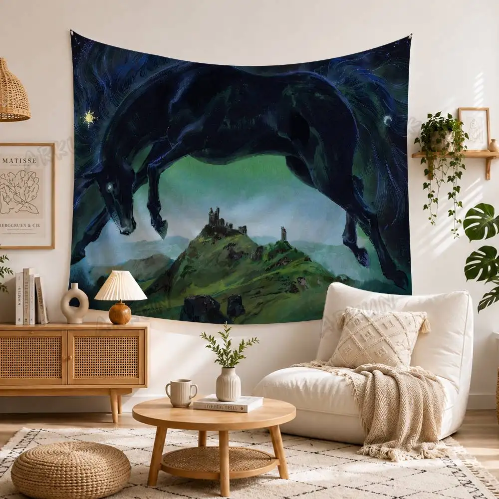 Dark Fantasy Black Horse Tapestry Night Starry Sky Ancient Castle Ruins Mountain Landscape Mystical Mythical Bedroom Home Decor