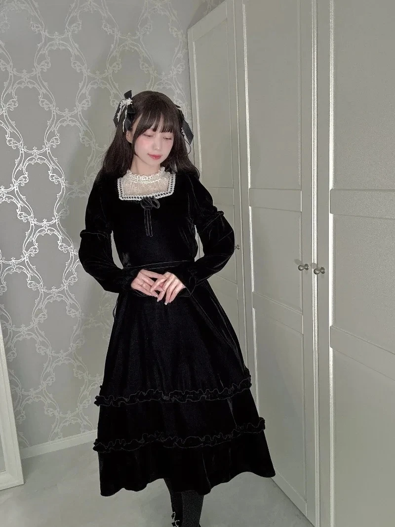 Japanese Style Original Woven Lace Collar Long Sleeve Dress Sweet Autumn New Sweet Girl High Waist Puffy Velvet Maxi Dress