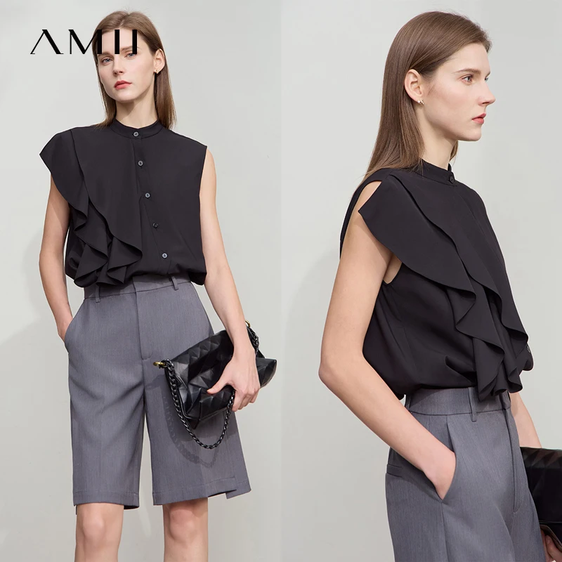 Amii Minimalist Loose Shirt 2025 Summer New Women Office Lady Blouse Casual Stand Collar Sleeveless Light Ruffle Top 12542187