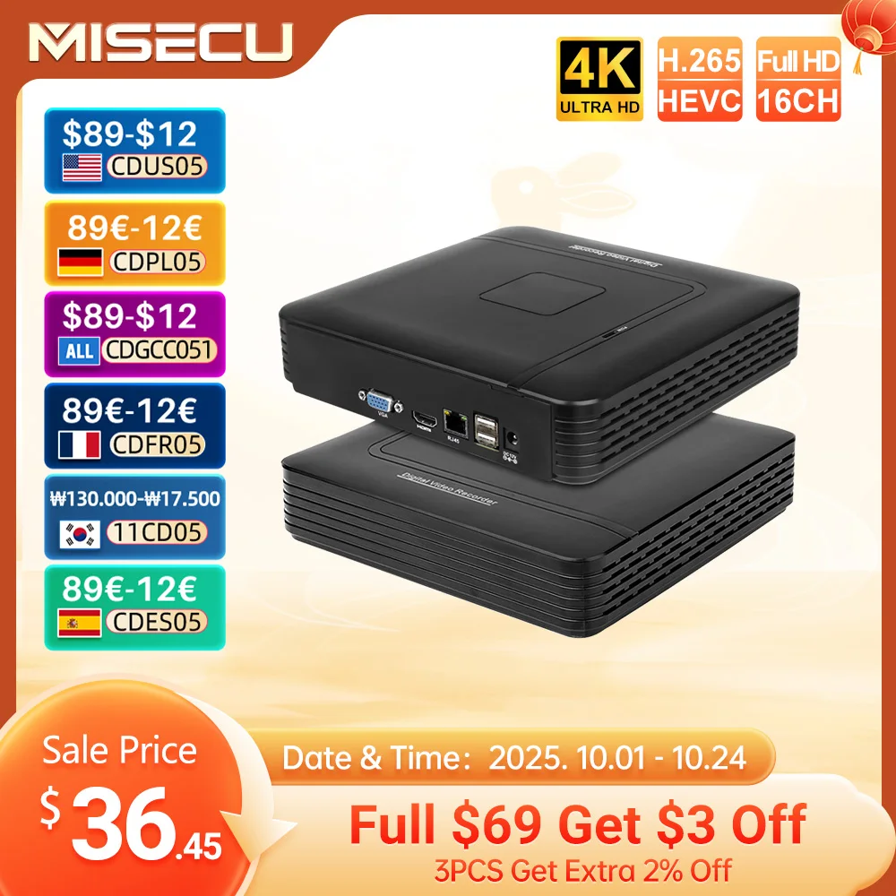 

Видеорегистратор MISECU H.265 +, 16 каналов, Full HD, 8 Мп, 4K/5 м/4 м/3 м/1080P