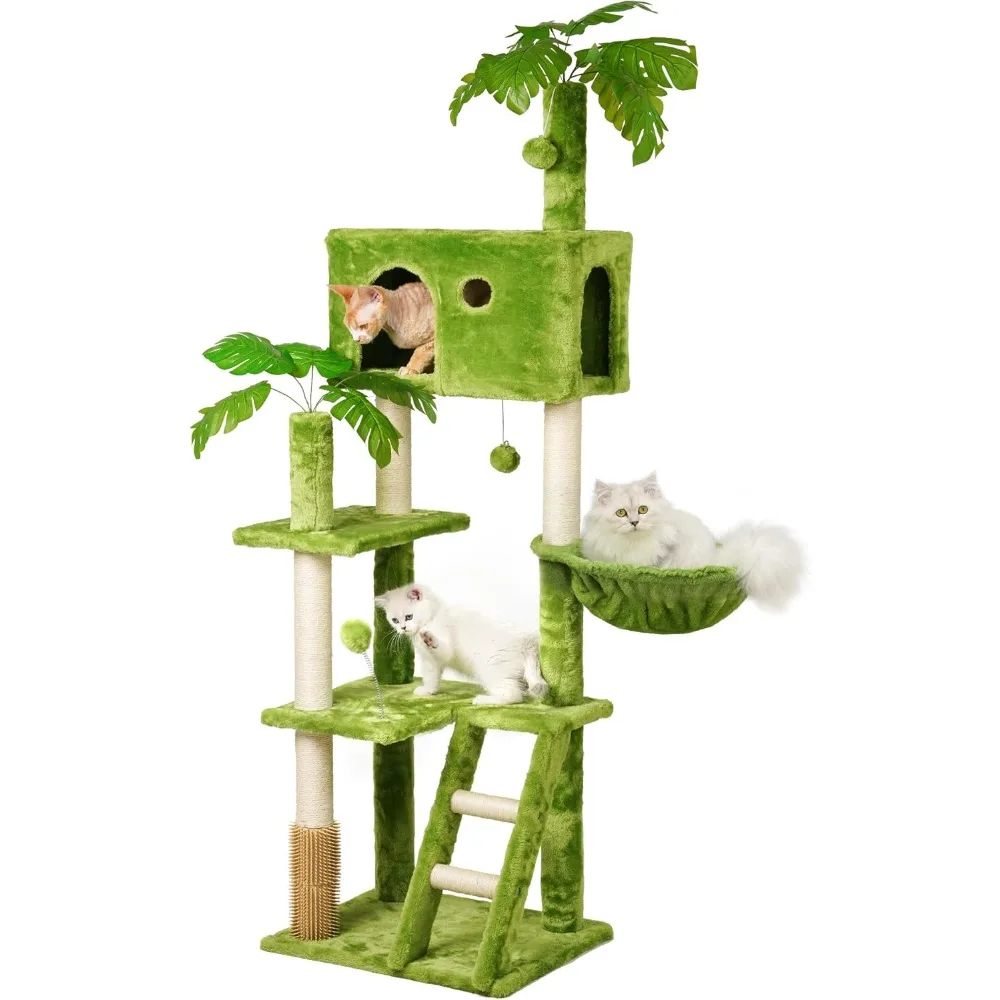

Large Cat Tree with Leaves for Indoor Cats Large Adult,65" Green Cat Tower with Scratching Post,Hanging Hammock,Cozy Perch,Swing