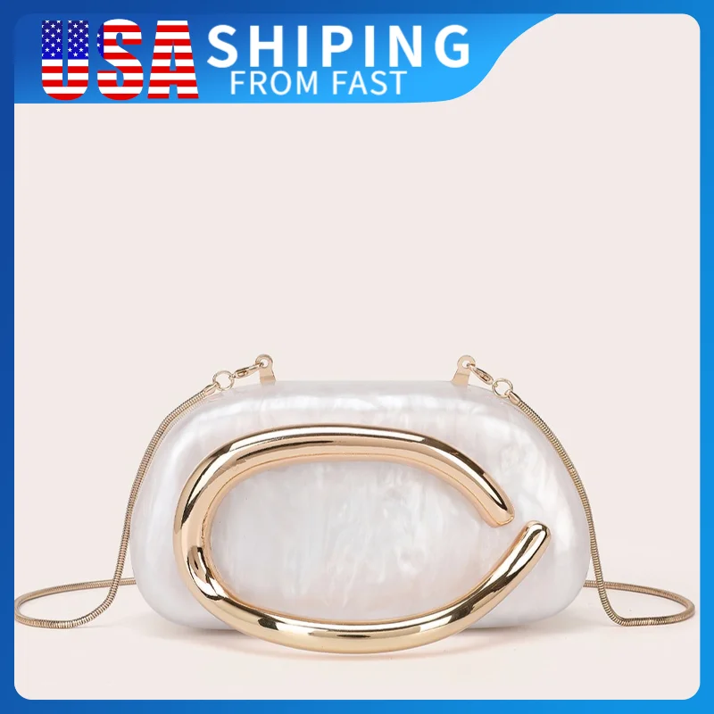 

Fashion White Acrylic Clutch Bag Bride Metal Gold Women Luxury Evening Banquet Clutch Bag Shoulder Wedding Party Purse