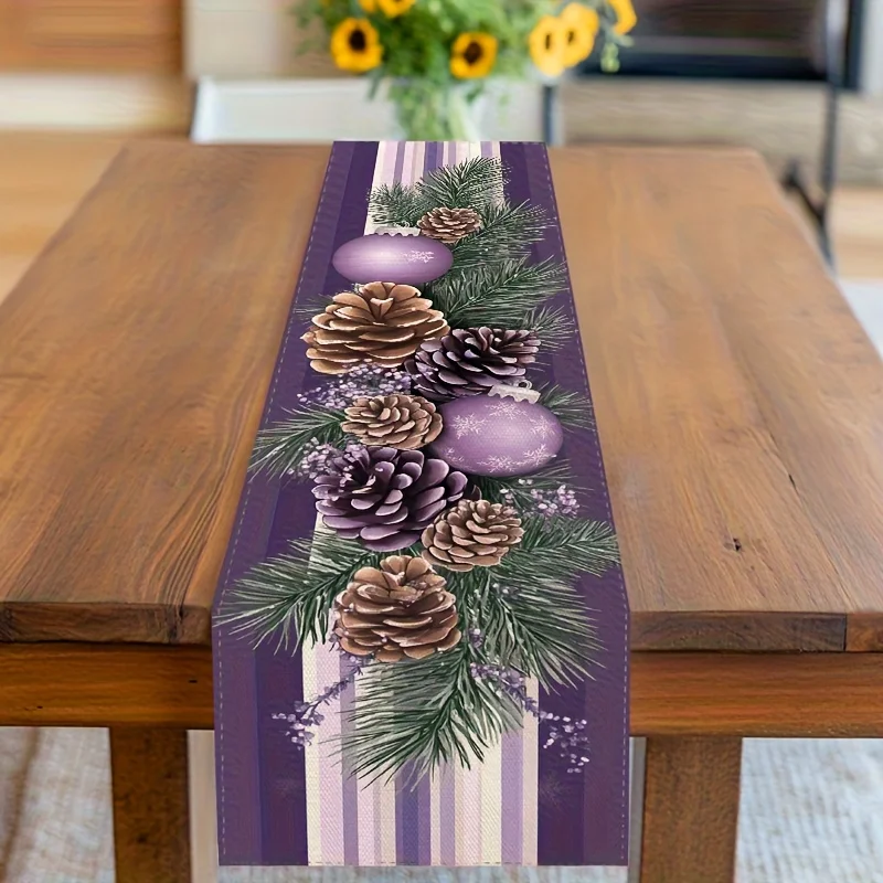 A Single Piece Of Table Runner In Festive Purple And White Stripes Adorned With Pine Needles Pinecones And Purple Ornament