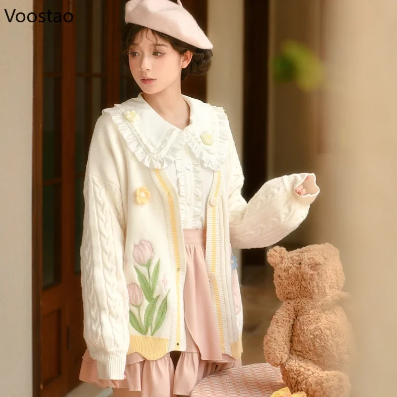 Mori Girl Style Sweet Knitted Cardigan Autumn Winter Women Kawaii Tulip Embroidery Sweater Coat Girls Cute Loose Knitwear Tops