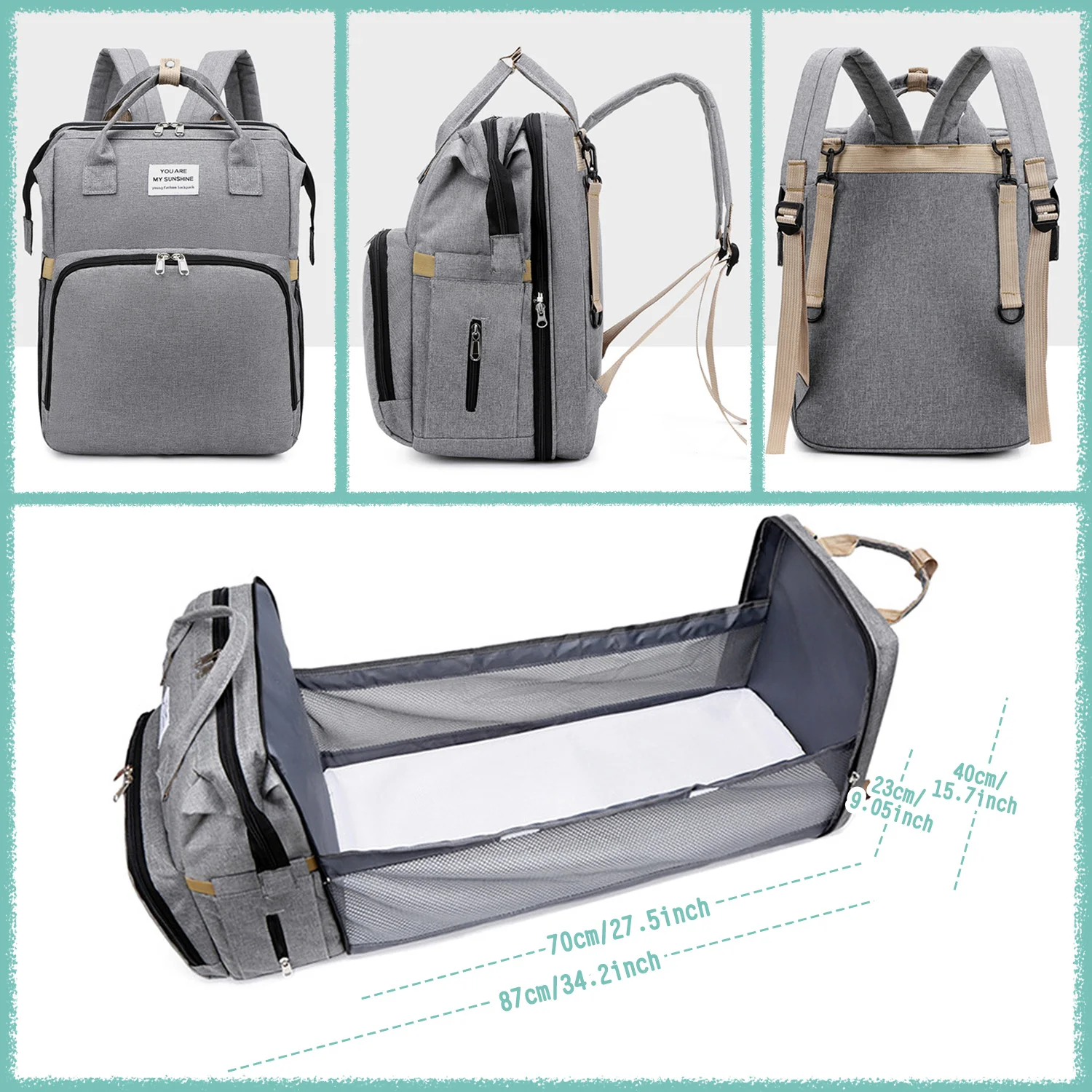 Multifunction Mum Backpack Portable Large Capacity Diaper Bag Baby Changing Bag Travel Bed with 2 Stroller Hooks 1 Mattress