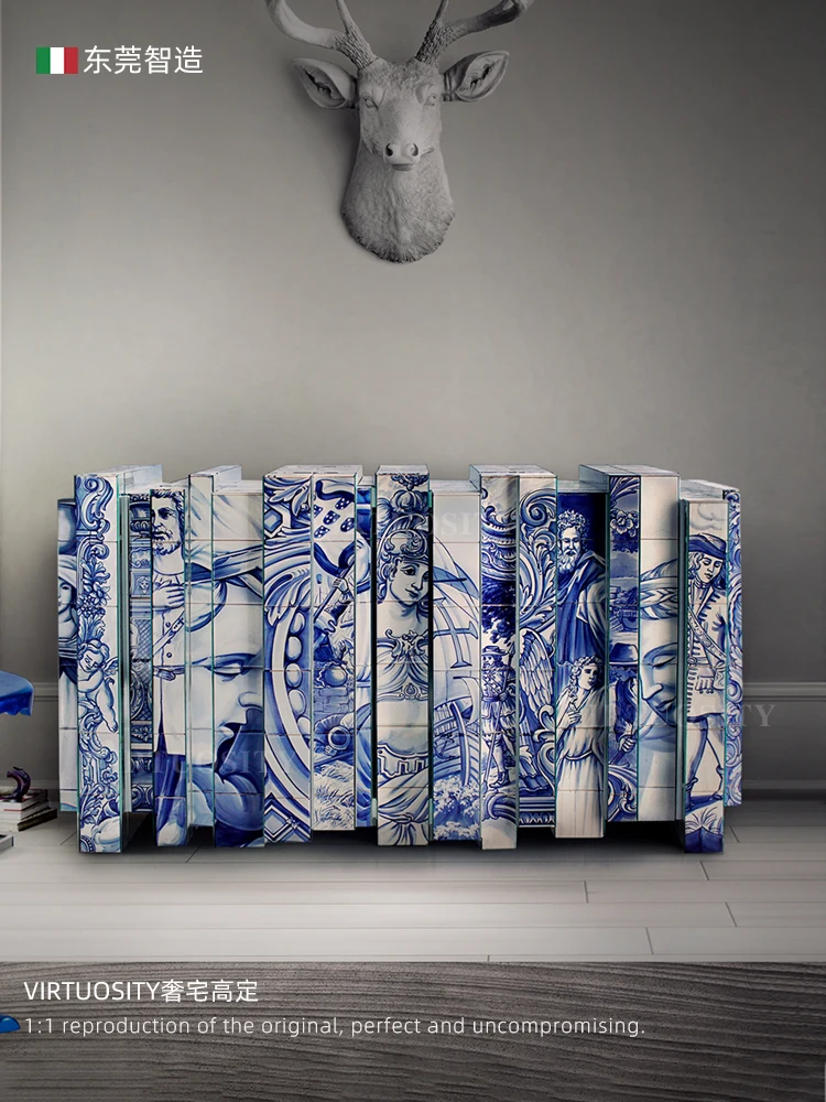 Master hand-painted blue and white porcelain sideboard retro villa solid wood display cabinet