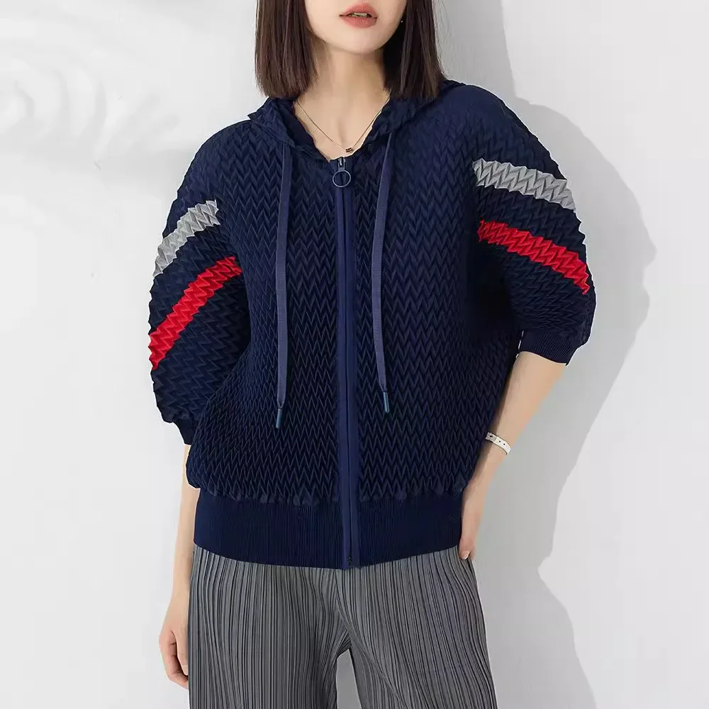 Miyake Pleated Color Block Wave Pleated Hooded Top Women's Casual All-match Zipper Cardigan Sweatshirt Jacket