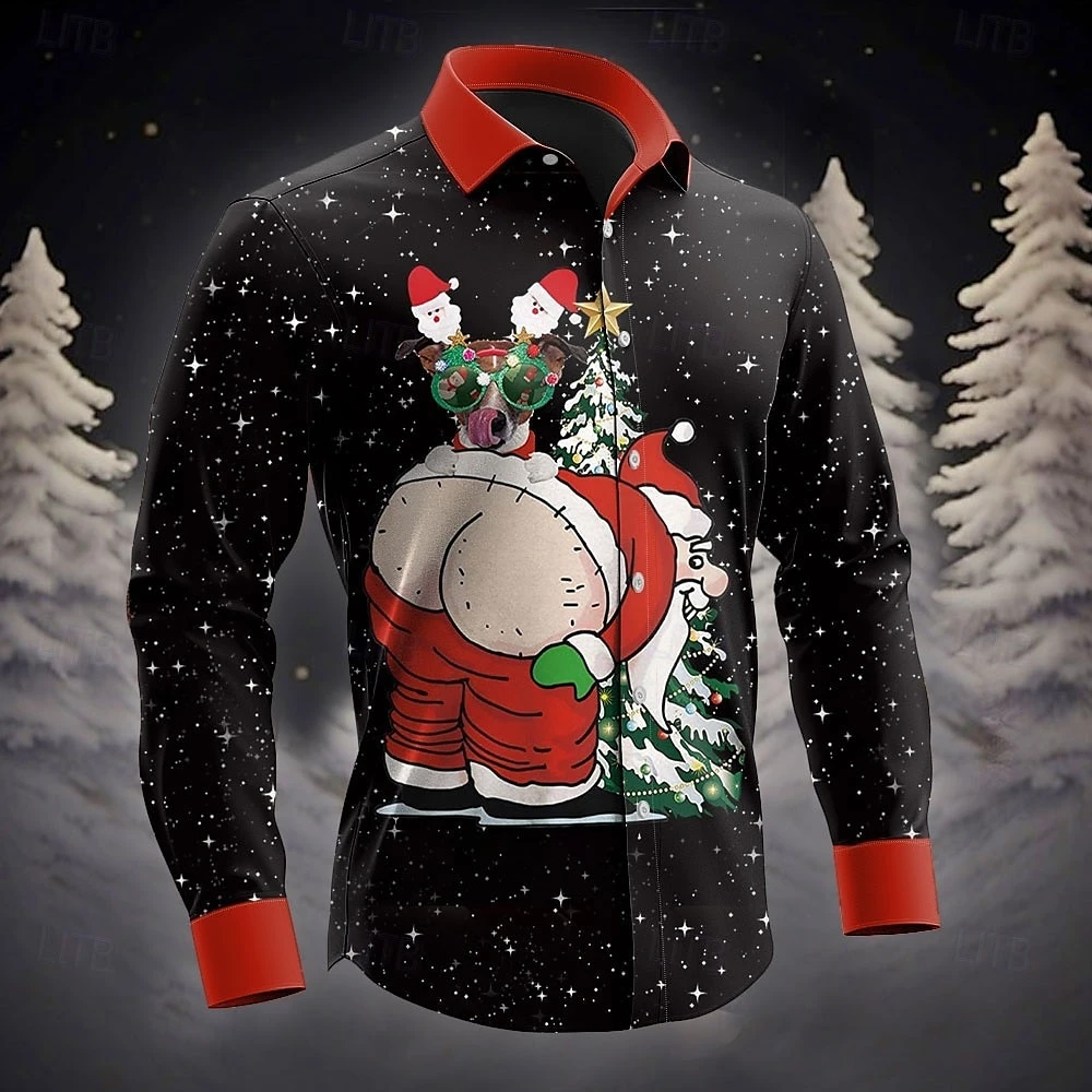

2025: Мужская рубашка с принтом Санта-Клауса, осенняя рубашка с длинным рукавом, модный топ на пуговицах с лацканами, европейский размер, мужская одежда, рождественские рубашки