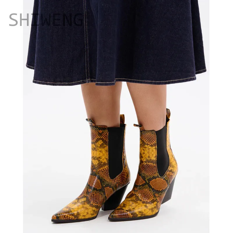 

2025 New Snakeskin Mid Calf Zipper Boots Pointed Toe Thick High Heel Fashion Sexy Cool Big Size Woman Shoes 44 Zapatillas Mujer