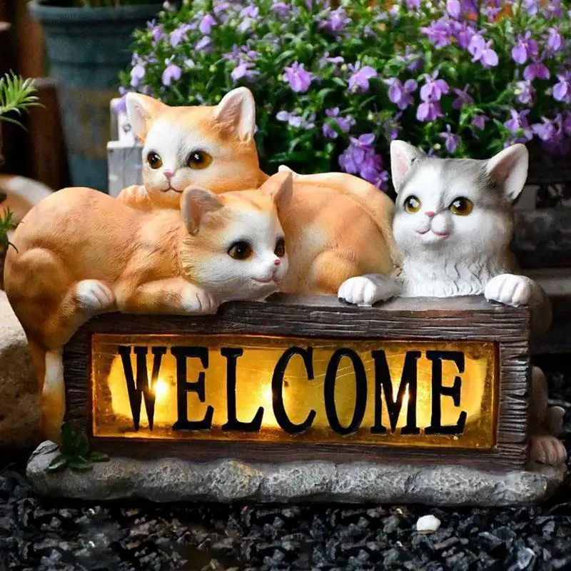 Cat Solar Lights Outdoor Outdoor Solar Garden Light With Welcome Sign Resin Crafts Ornament Kitten Animal Statue Solar Cats Lamp