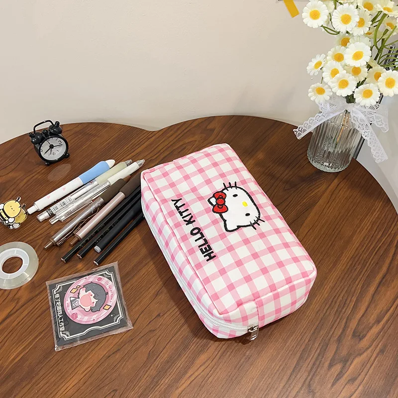 Sanrio Hello Kitty Grid Federmäppchen Cartoon Kitty Cat Square Tragbare Geldbörse Kosmetiktaschen Student Federmäppchen Aufbewahrungstasche