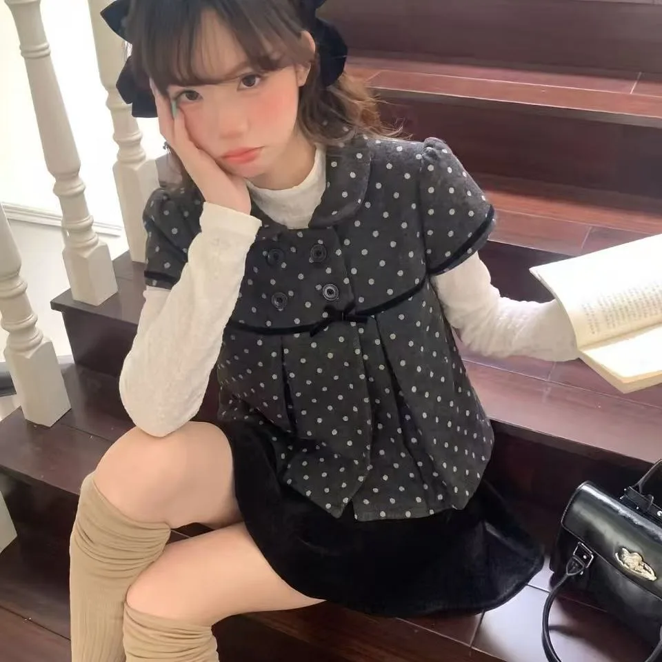 Retro Polka Dot Lace Trim Woolen Women's Vest Chic Sweet Earlet Two-Piece Set Base Shirt Original Design Single Button Closure