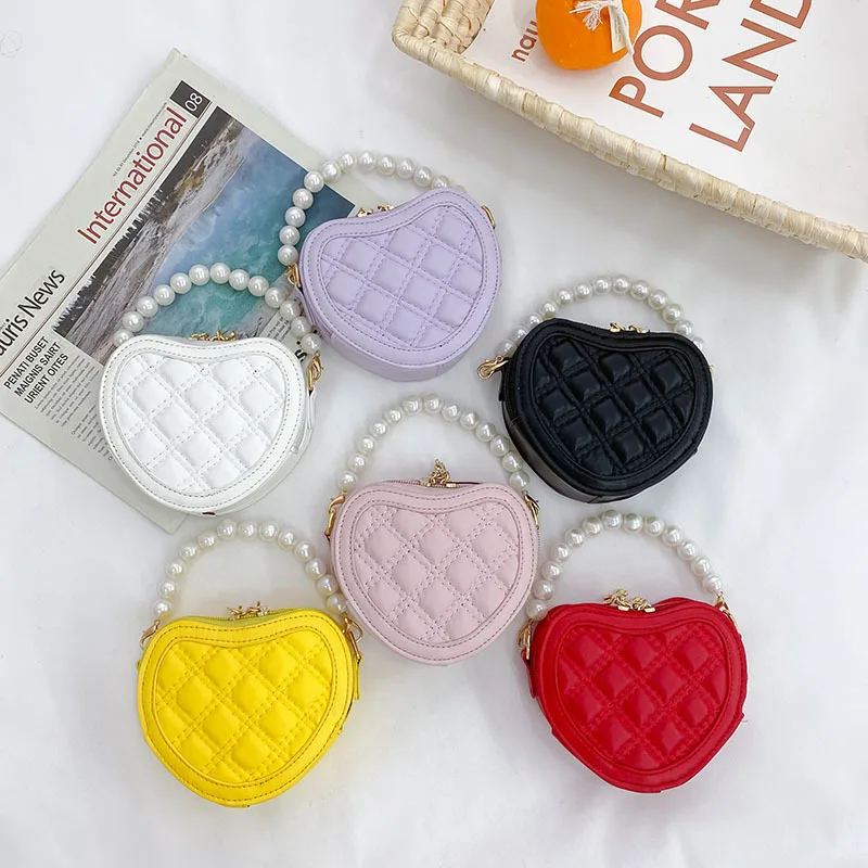 Bolso Bandolera Mini para Niña con Asa de Perlas, Cartera de Princesa, Monedero, Bolso de Mano, Bolso Cruzado en Forma de Corazón