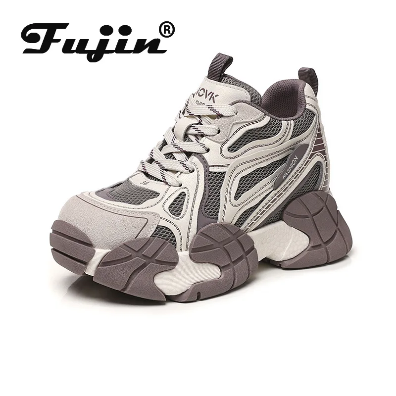 

Fujin 10 см женские кроссовки на массивной подошве в стиле ретро, двухцветные кроссовки на платформе, повседневная универсальная модная обувь, увеличивающая рост