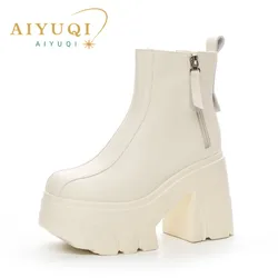 AIYUQI Women's High Heel Boots 2024 New Genuine Leather Women's Ankle Boots 11cm Heel High Fashion Platform Women's Short Boots