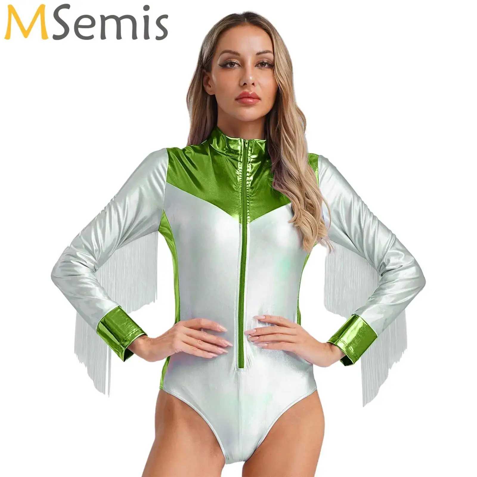 

Womens Carnival Space Bodysuit Costume Metallic Astronaut Cosplay Outfits Long Sleeve Bodycon Leotard Jumpsuit Nightclub Wear