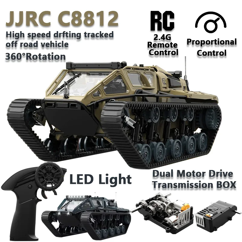 JJRC C8812 New 2.4G RC Tank Car 360°Rotating Electric Buggy LED Lights Dual Motor-Driven Gearbox Crawler Tanks  , regalo para ni