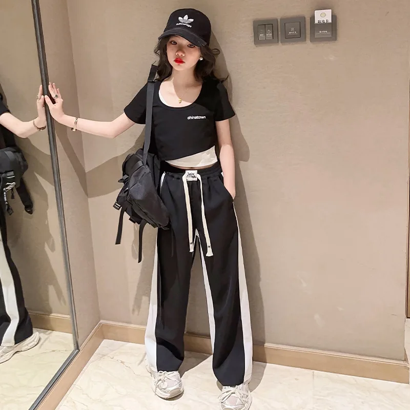 

Girls Clothes Set Summer Black Letter T-shirt Wide Leg Pants Two Pieces Teen Children Tracksuit Short Sleeve Casual Kids Outfits