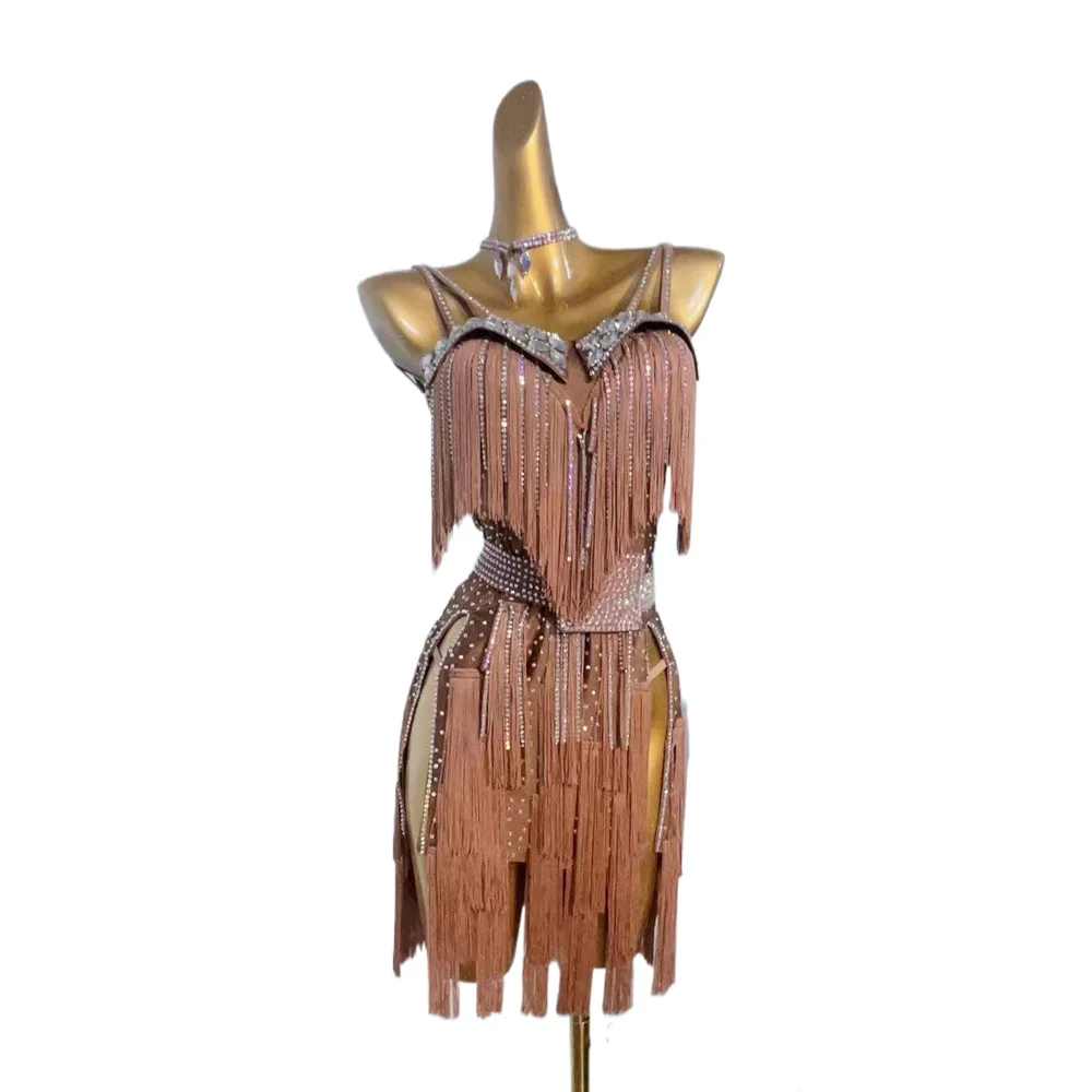 

Latin Dance International Stage High-end Competition Dress With Rhinestone Tassels, High-end Custom Samba Rumba Style Dress