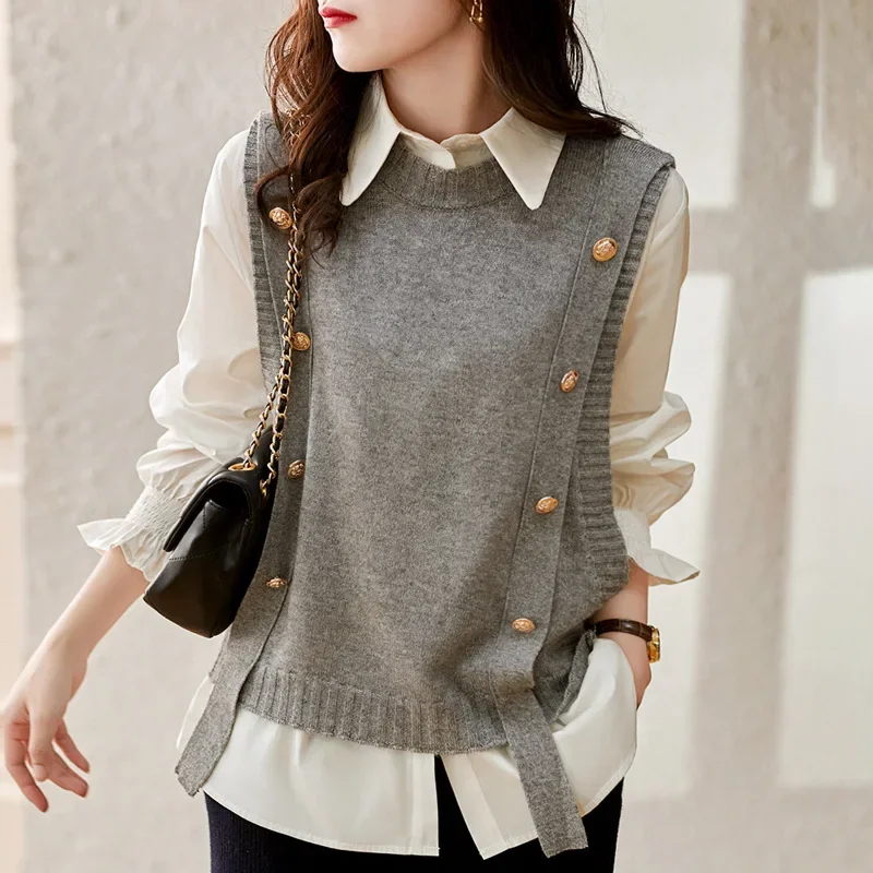 Women's Spring Autumn 2021 New Sweater Top Age-reducing Crew Neck Sleeveless Pullover Shirtvest