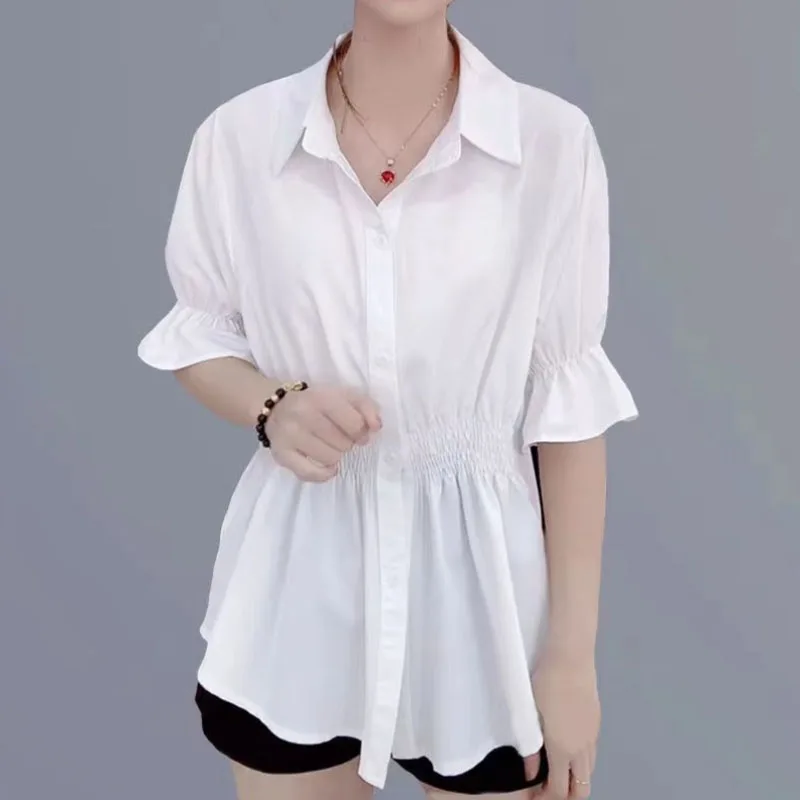 Korean All-match Solid Color Waist Slim Shirt Summer Women\'s Clothing Casual Fashion Turn-down Collar Button Blouses for Female