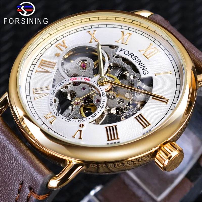 Fashion Forsining Top Brand Men\'s Casual Classic Popular Hollow Waterproof Handwinder Automatic Mechanical Leather Wrist Watches