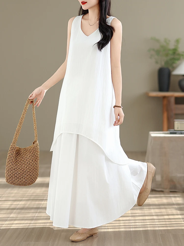 

Летний повседневный комплект из двух предметов: свободный топ с V-образным вырезом и юбка миди. Женский, в стиле Pure Desire, для отпуска, без рукавов, из хлопка.