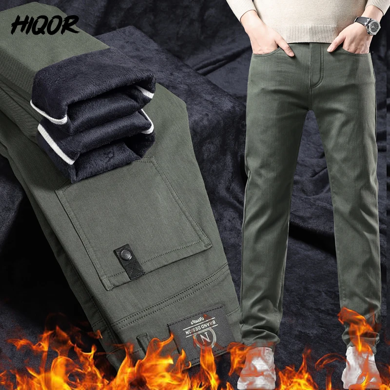 HIQOR Men\'s Fleece Straight Leg Casual Pants Winter Mens Business Work Pants Thick Cotton Army Green Trousers Male Suit Pants