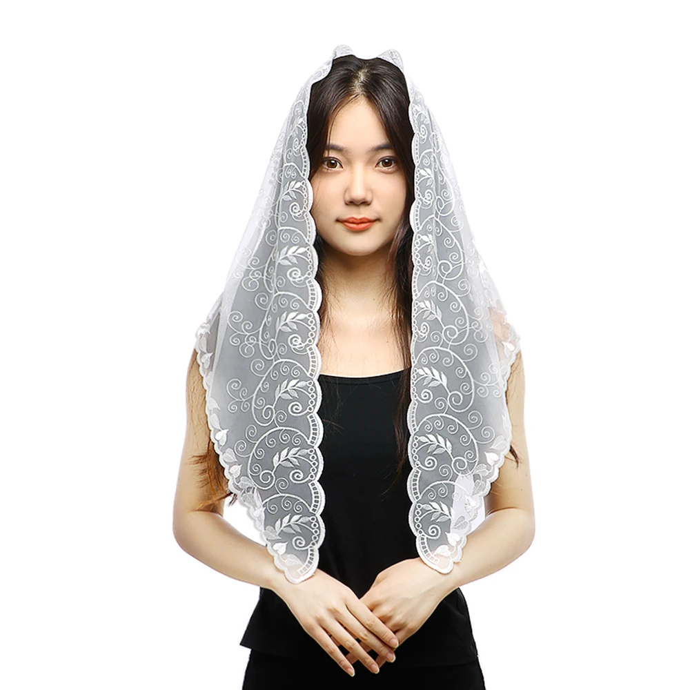 2024 bestickte Spitze Dreieck Schal Gebet Schleier Kirche Hijab Handtuch Frauen Schleier solide Blumen Dreieck Schal Stirnband Hijabs – Detail 10