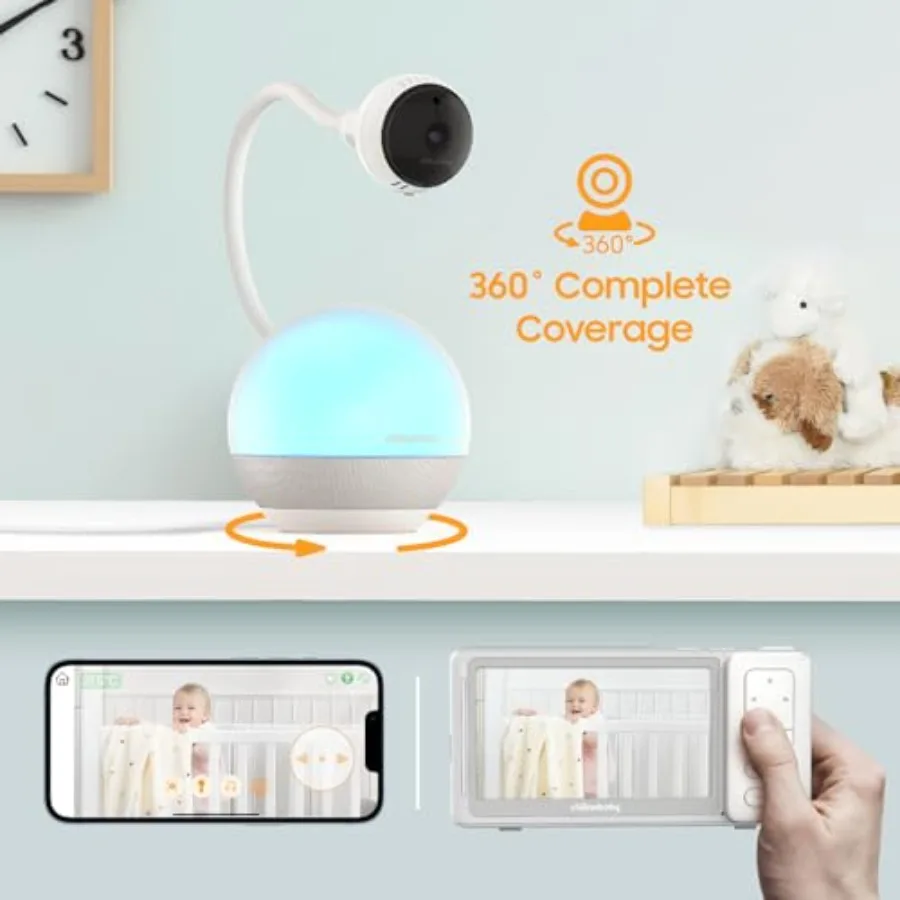 Baby Monitor for nursery use, ABS plastic, white, 5-inch 1080p HD Wi-Fi camera with sleep trainer, mood light soother, flexible