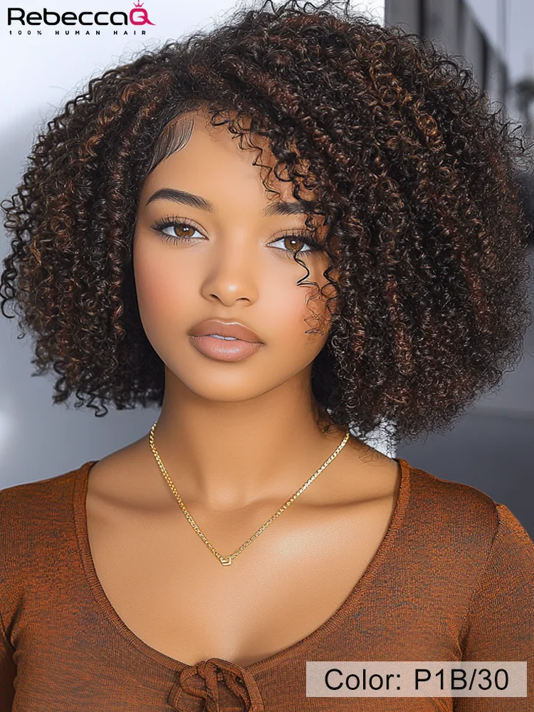 Highlight Short Kinky Curly Bob Wigs For Women Brazilian Remy Human Hair Wigs Easy Wear Human Hair Wig With Bangs 200% Density image 2