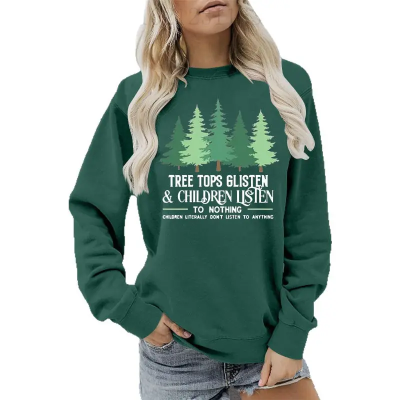 

2025 Новый женский повседневный милый пуловер с длинными рукавами и круглым вырезом с принтом рождественской елки, свитер