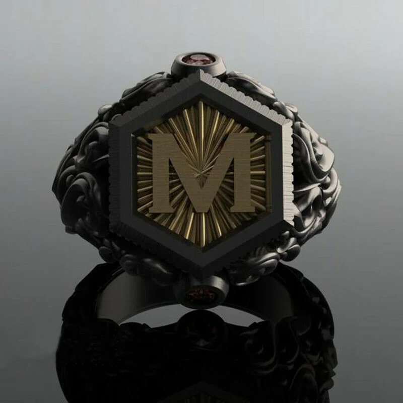 Men\'S Fashion Bohemian Black M Letter Stainless Steel Ring Jewelry Size 6-10