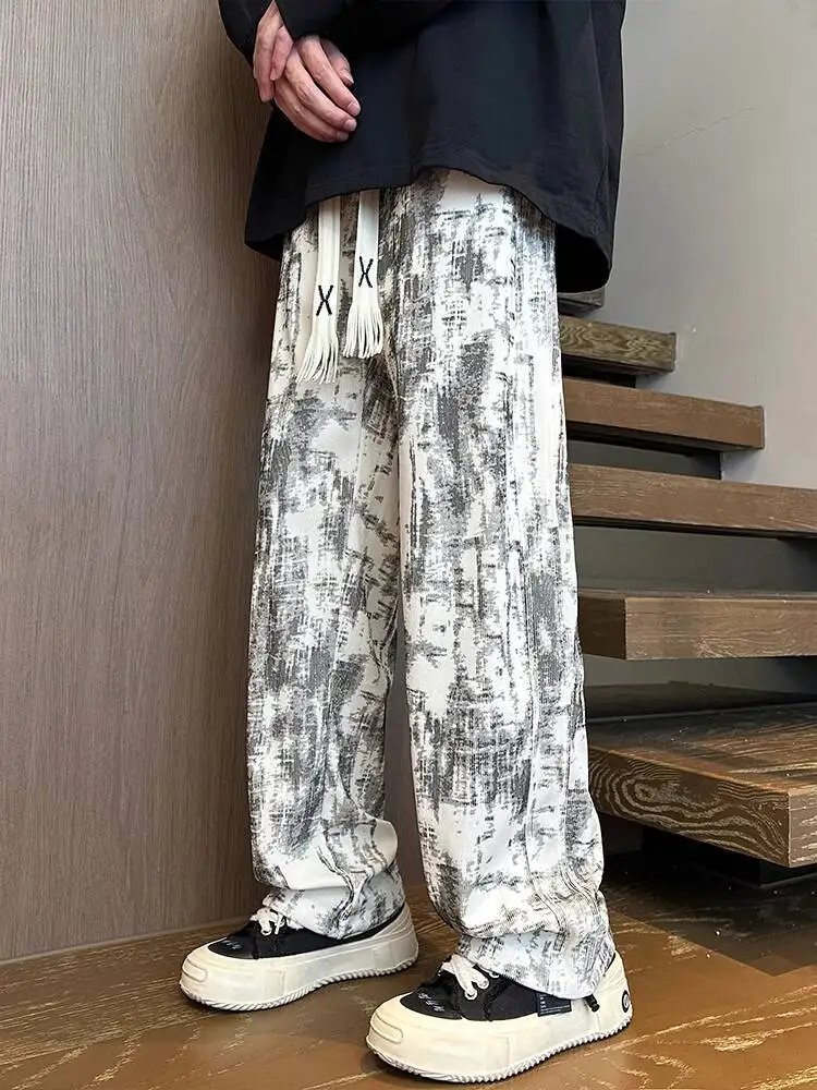 Tie Dye Casual Pants For Men 2025 Autumn New Street Style Loose Straight Leg Trousers For Teens