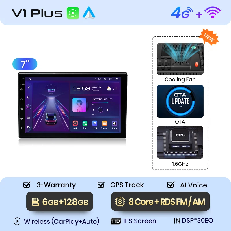 Junsun Universele 7 9 10 Inch Autoradio Draadloze Carplay Android Auto 4G Wifi Gps Multimedia Bluetoth Dsp Ips Touchscreen Stereo
