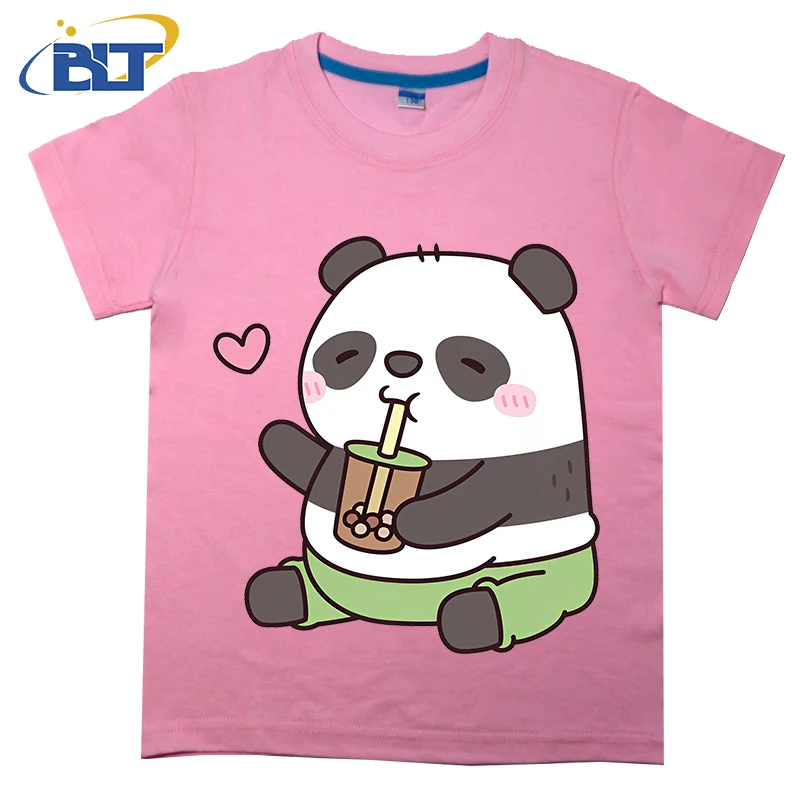 Panda gordinho infantil impresso algodão camiseta de manga curta, bonito ama chá de bolha, tops casuais, adequados para meninos e meninas, verão