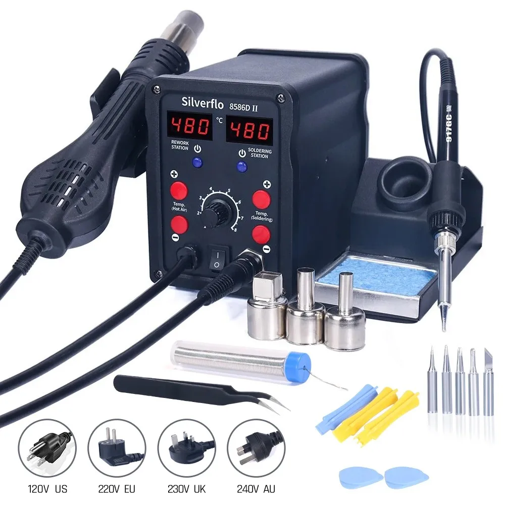 Silverflo 8586D Soldering Station 2 IN 1 Hot Air Gun Solder Station with 2 Digital display,10-Minute Sleep Mode for SMD Rework