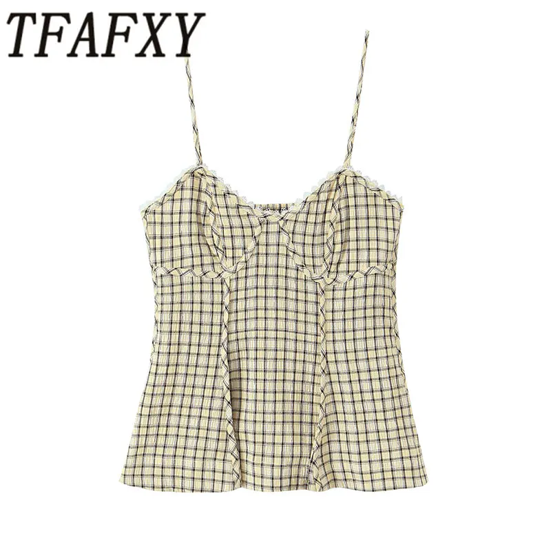 TFAFXY 2026 Sommer Sexy Damen Camisole mit dünnem Karomuster, ärmellos, elastischer Rücken, Sweetheart-Ausschnitt, schmal geschnittenes Damen-Crop-Top